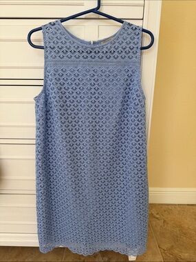Loft Eyelet Shift Dress 12 Petite Lined Midi Sleeveless Back Zip Light Blue